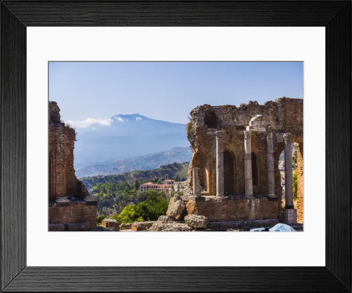 Framed Print : Teatro Greco (Greek Theatre), ruins of columns at the amphitheatre, and Mount Etna volcano, Taormina, Sicily, Italy, Europe Framed Print : Teatro Greco (Greek Theatre), ruins of columns at the amphitheatre, and Mount Etna volcano, Taormina, Sicily, Italy, Europe