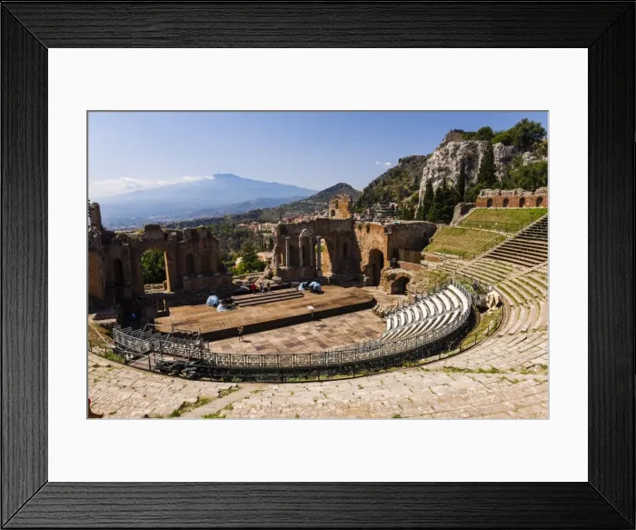 Framed Print : Teatro Greco (Greek Theatre), view of the amphitheatre and Mount Etna Volcano, Taormina, Sicily, Italy, Europe Framed Print : Teatro Greco (Greek Theatre), view of the amphitheatre and Mount Etna Volcano, Taormina, Sicily, Italy, Europe