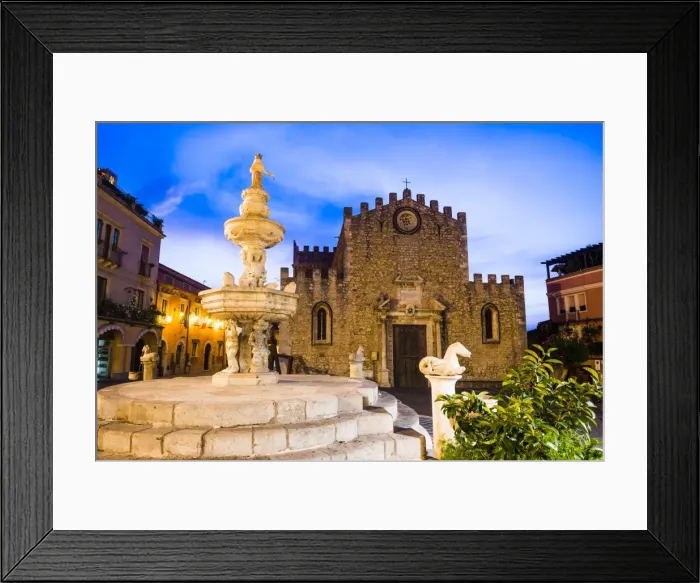 Framed Print : Piazza del Duomo at night, with the Church of San Nicola (Fortress Cathedral) and famous fountain, Taormina, Sicily, Italy, Europe Framed Print : Piazza del Duomo at night, with the Church of San Nicola (Fortress Cathedral) and famous fountain, Taormina, Sicily, Italy, Europe