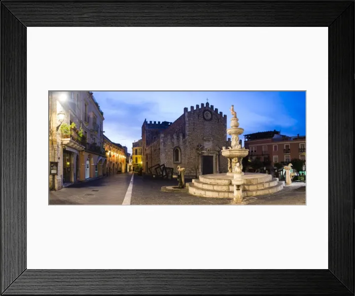 Framed Print : Piazza del Duomo at night, with the Church of San Nicola (Fortress Cathedral) and famous fountain, Taormina, Sicily, Italy, Europe Framed Print : Piazza del Duomo at night, with the Church of San Nicola (Fortress Cathedral) and famous fountain, Taormina, Sicily, Italy, Europe