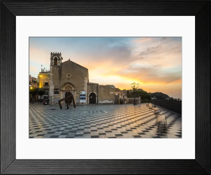 Framed Print : St. Augustines Church, sunrise in Piazza IX Aprile, Corso Umberto, the main street in Taormina, Sicily, Italy, Europe Framed Print : St. Augustines Church, sunrise in Piazza IX Aprile, Corso Umberto, the main street in Taormina, Sicily, Italy, Europe
