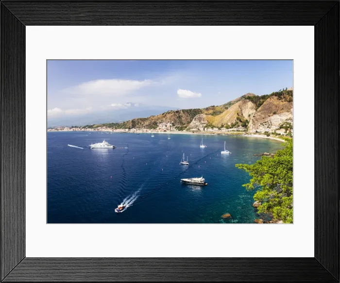Framed Print : Giardini Naxos Bay, boats in the harbor at Taormina, Sicily, Italy, Mediterranean, Europe Framed Print : Giardini Naxos Bay, boats in the harbor at Taormina, Sicily, Italy, Mediterranean, Europe