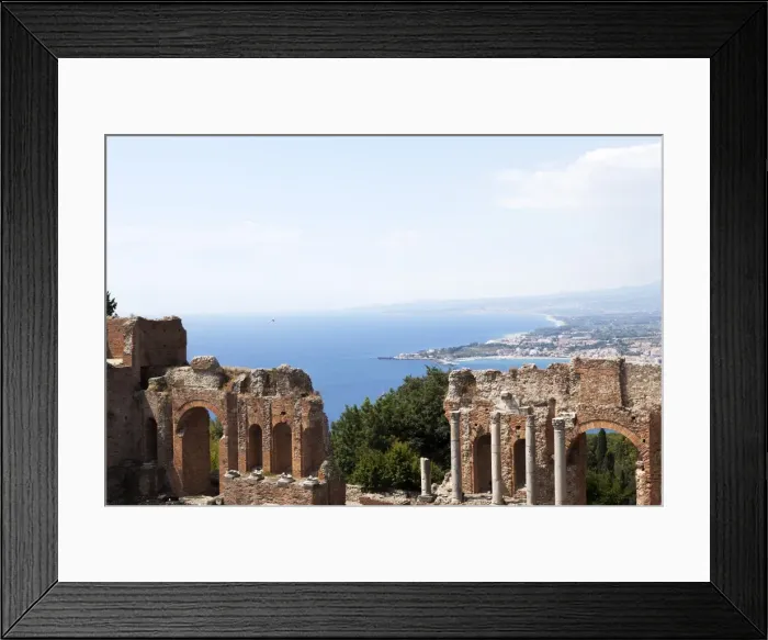 Framed Print : View over the Naxos coast from the Greek Roman theatre of Taormina, Sicily, Italy, Europe Framed Print : View over the Naxos coast from the Greek Roman theatre of Taormina, Sicily, Italy, Europe