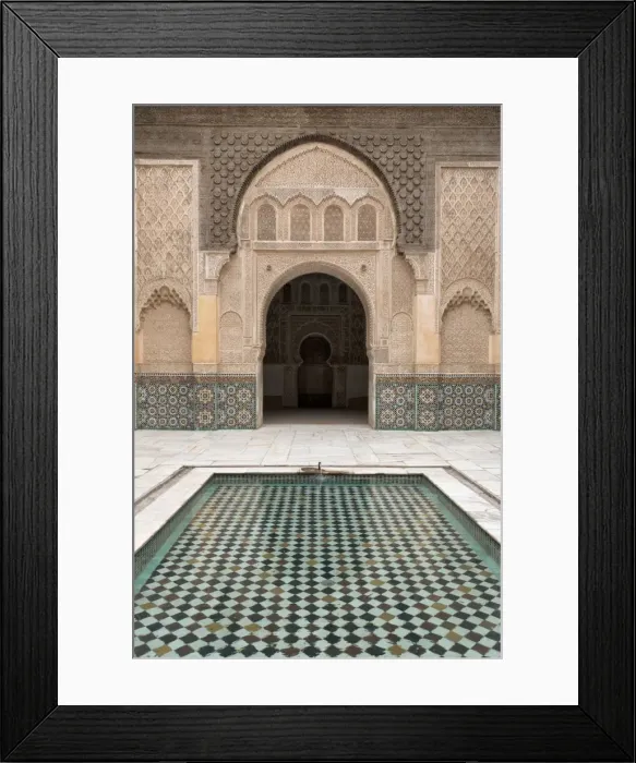 Framed Print : Courtyard and pool with traditional Moroccan ornate doorway in the Ben Youssef Medersa, UNESCO World Heritage Site, Marrakech, Morocco, North Africa, Africa Framed Print : Courtyard and pool with traditional Moroccan ornate doorway in the Ben Youssef Medersa, UNESCO World Heritage Site, Marrakech, Morocco, North Africa, Africa