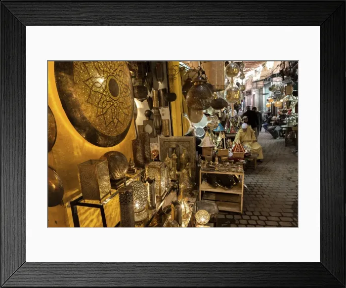 Framed Print : Shop selling traditional metal lamps and trays in the souks, Marrakech, Morocco, North Africa, Africa