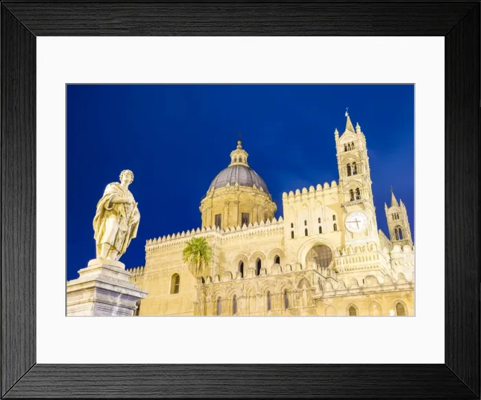 Framed Print : Palermo Cathedral at night (Duomo di Palermo), showing statue, dome and clock tower, Palermo, Sicily, Italy, Europe Framed Print : Palermo Cathedral at night (Duomo di Palermo), showing statue, dome and clock tower, Palermo, Sicily, Italy, Europe