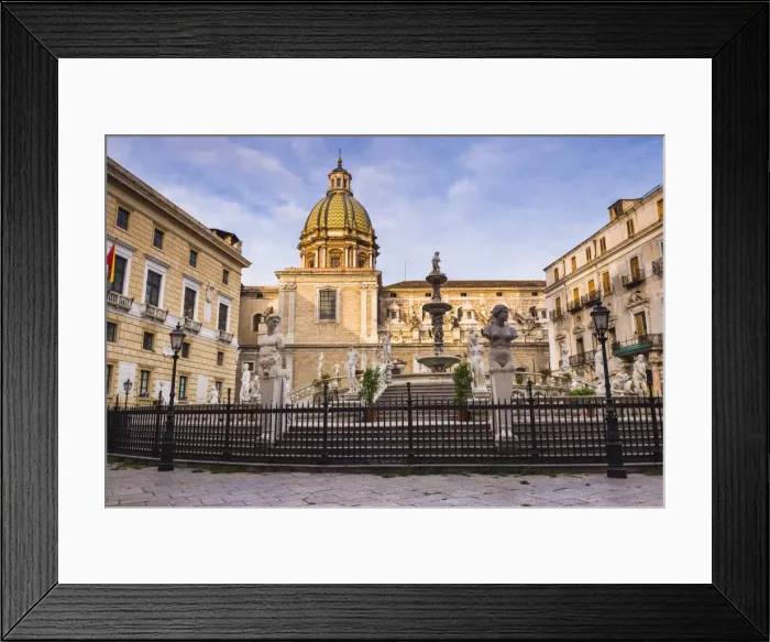 Framed Print : Pretoria Fountain in Piazza Pretoria with the dome of Church of San Giuseppe dei Teatini, Palermo, Sicily, Italy, Europe Framed Print : Pretoria Fountain in Piazza Pretoria with the dome of Church of San Giuseppe dei Teatini, Palermo, Sicily, Italy, Europe