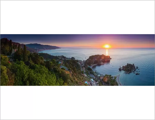 The Sicilian coast at sunrise, showing Isola Bella Beach, Taormina, Sicily, Italy, Mediterranean, Europe