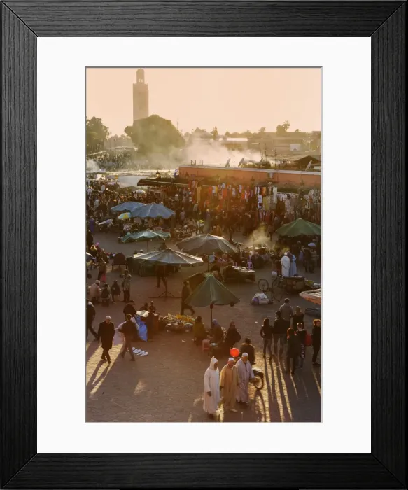 Framed Print : Evening light on the busy square of Place Jemaa el-Fna with the minaret of the Koutoubia Mosque in the distance, UNESCO World Heritage Site, Marrakech, Morocco, North Africa, Africa Framed Print : Evening light on the busy square of Place Jemaa el-Fna with the minaret of the Koutoubia Mosque in the distance, UNESCO World Heritage Site, Marrakech, Morocco, North Africa, Africa