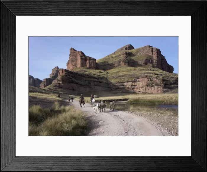 Framed Print : Rock formation in the Tinajani Canyon in the Andes, riders and donkeys, Peru, South America Framed Print : Rock formation in the Tinajani Canyon in the Andes, riders and donkeys, Peru, South America