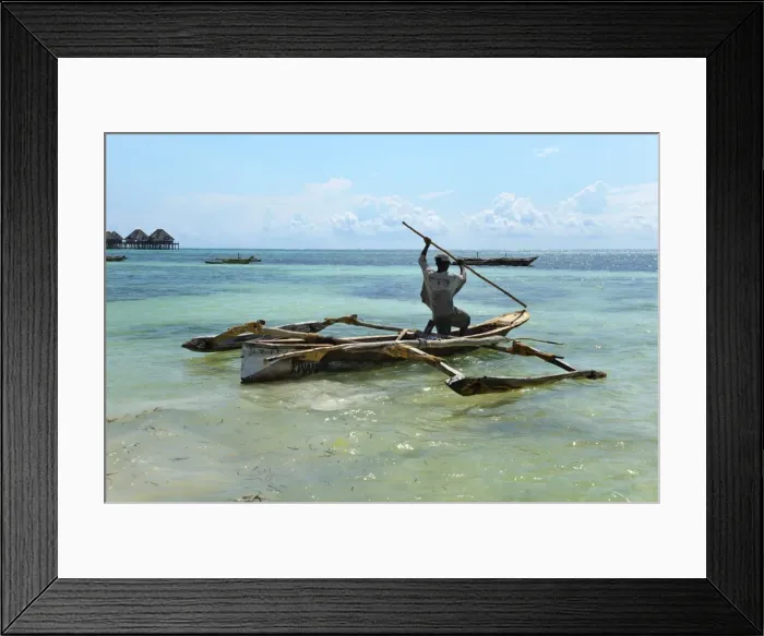 Framed Print : Fisherman and traditional outrigger boat, Bwejuu Beach, Zanzibar, Tanzania, Indian Ocean, East Africa, Africa Framed Print : Fisherman and traditional outrigger boat, Bwejuu Beach, Zanzibar, Tanzania, Indian Ocean, East Africa, Africa