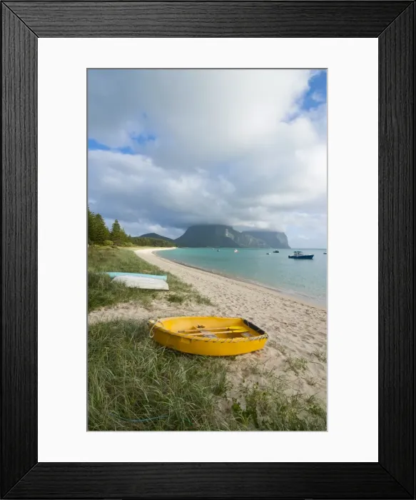 Framed Print : Little boats lying in the grass in front of Mount Lidgbird and Mount Gower in the background, Lord Howe Island, UNESCO World Heritage Site, Australia, Tasman Sea, Pacific Framed Print : Little boats lying in the grass in front of Mount Lidgbird and Mount Gower in the background, Lord Howe Island, UNESCO World Heritage Site, Australia, Tasman Sea, Pacific