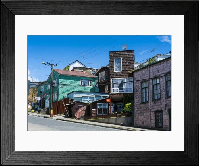 Framed Print : Wooden houses in Chonchi, Chiloe, Chile, South America Framed Print : Wooden houses in Chonchi, Chiloe, Chile, South America