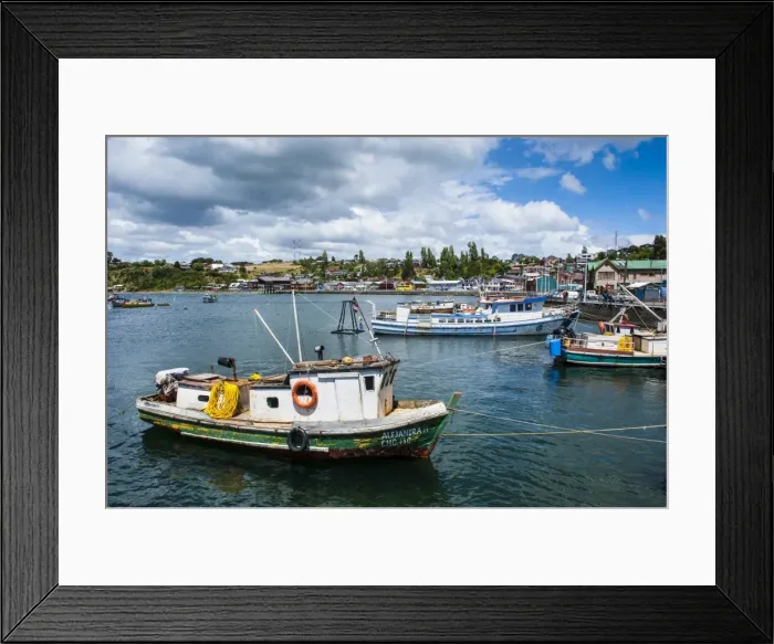 Framed Print : Little fishing boats in Chonchi, Chiloe, Chile, South America Framed Print : Little fishing boats in Chonchi, Chiloe, Chile, South America