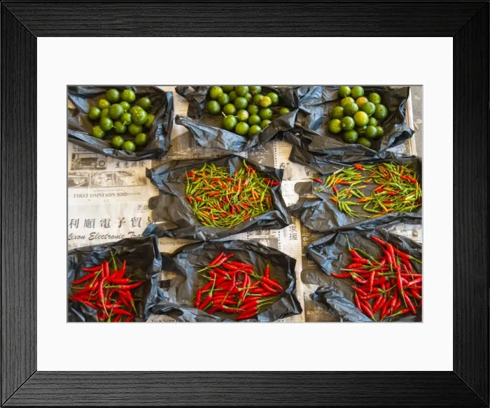 Framed Print : Red chilli peppers and limes, food market, Kuching, Sarawak, Malaysian Borneo, Malaysia, Southeast Asia, Asia Framed Print : Red chilli peppers and limes, food market, Kuching, Sarawak, Malaysian Borneo, Malaysia, Southeast Asia, Asia