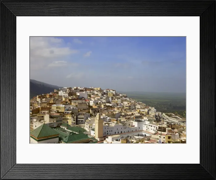 Framed Print : Aerial view of the green tiled roofs of the sacred city of Moulay Idriss, including the tomb and Zaouia of Moulay Idriss, Morocco, North Africa, Africa