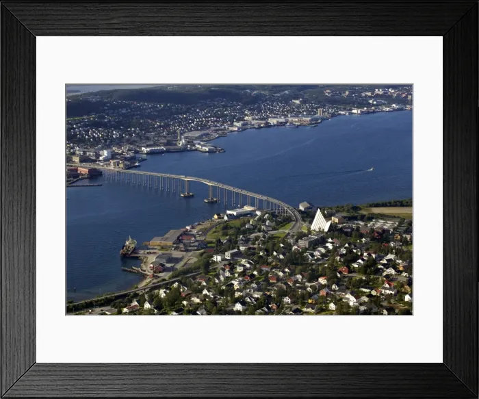 Framed Print : Aerial view over the Tromso River and Tromso including the cathedral from top of Tromsoya city center of Tromso, Norway, Scandinavia, Europe ja Framed Print : Aerial view over the Tromso River and Tromso including the cathedral from top of Tromsoya city center of Tromso, Norway, Scandinavia, Europe ja