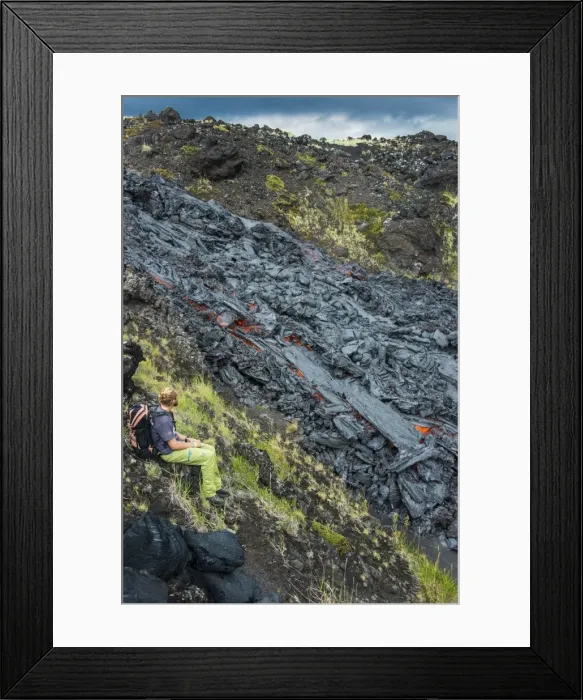 Framed Print : Man watching an active lava stream, Tolbachik volcano, Kamchatka, Russia, Eurasia Framed Print : Man watching an active lava stream, Tolbachik volcano, Kamchatka, Russia, Eurasia