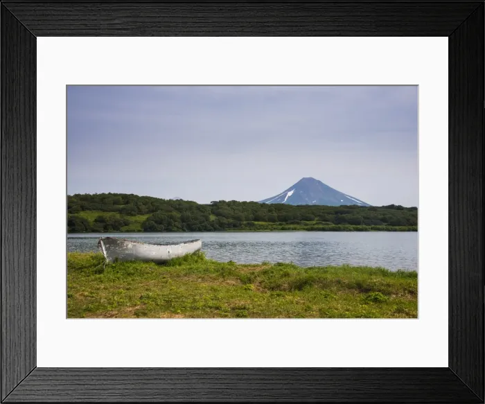 Framed Print : Wooden canoe in front of the Ilyinsky (volcano) and Kurile Lake, Kamchatka, Russia, Eurasia Framed Print : Wooden canoe in front of the Ilyinsky (volcano) and Kurile Lake, Kamchatka, Russia, Eurasia