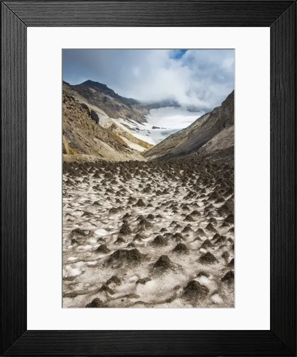 Framed Print : Little sand mounds on a glacier field on Mutnovsky volcano, Kamchatka, Russia, Eurasia Framed Print : Little sand mounds on a glacier field on Mutnovsky volcano, Kamchatka, Russia, Eurasia