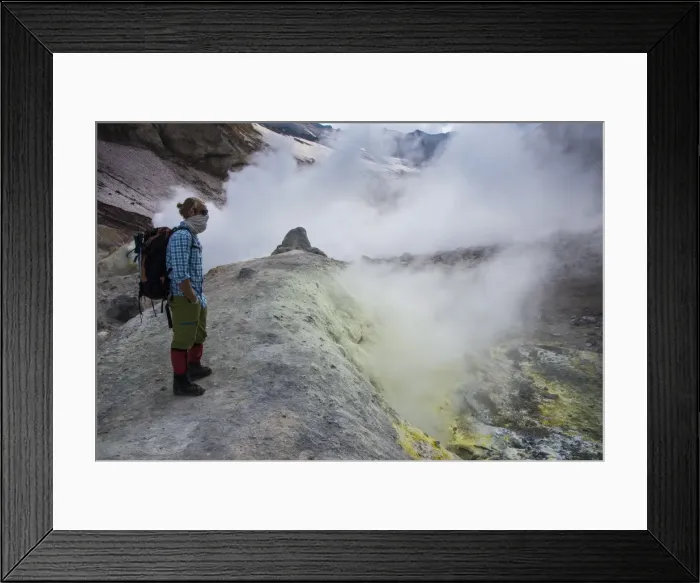 Framed Print : Tourists standing by smoking fumaroles on Mutnovsky volcano, Kamchatka, Russia, Eurasia Framed Print : Tourists standing by smoking fumaroles on Mutnovsky volcano, Kamchatka, Russia, Eurasia