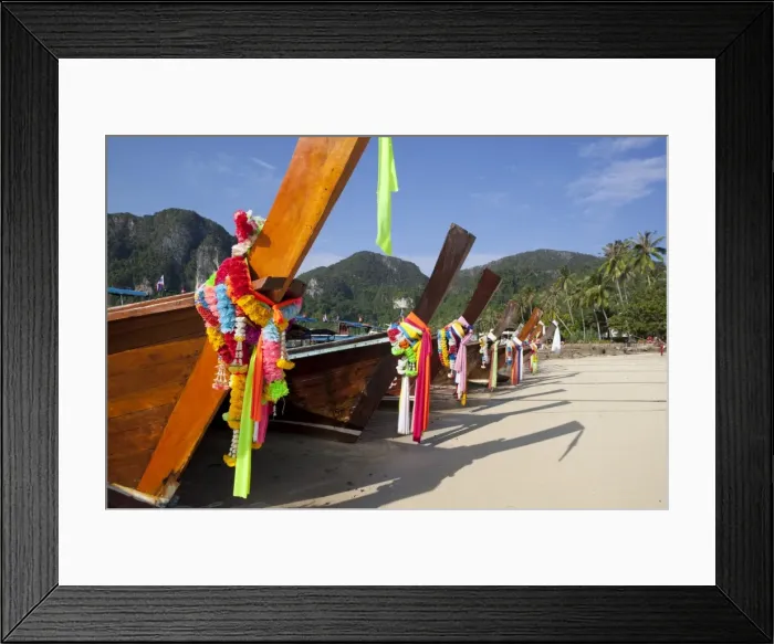 Framed Print : Garlands decorating long-tail boats on beach, Koh Phi Phi, Krabi Province, Thailand, Southeast Asia Framed Print : Garlands decorating long-tail boats on beach, Koh Phi Phi, Krabi Province, Thailand, Southeast Asia