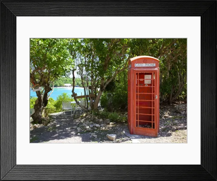 Framed Print : Red Telephone Box at Mama Pastas, Long Bay, Antigua, Leeward Islands, West Indies, Caribbean, Central America