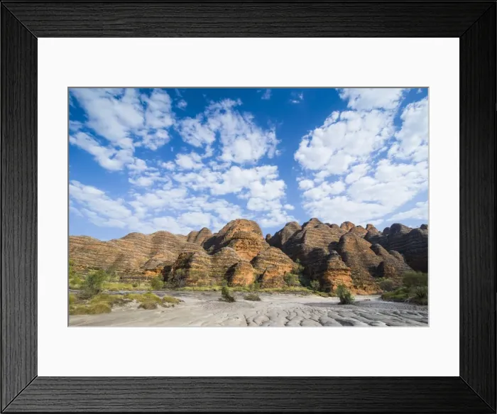 Framed Print : Dry river before the the beehive-like mounds in the Purnululu National Park, UNESCO World Heritage Site, Bungle Bungle mountain range, Western Australia, Australia, Pacific