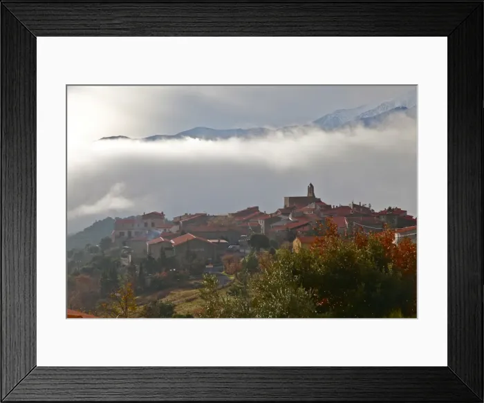Framed Print : Morning mist in Arboussols, a village in the Pyrenees, Pyrenees-Orientales, Languedoc-Roussillon, France, Europe Framed Print : Morning mist in Arboussols, a village in the Pyrenees, Pyrenees-Orientales, Languedoc-Roussillon, France, Europe