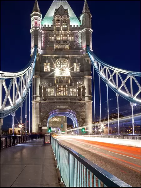 Long exposure of traffic over Tower Bridge at dusk, London, England, United Kingdom, Europe