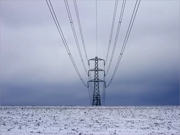 Electricity pylon in winter, near Winchcombe, Gloucestershire, England, United Kingdom, Europe