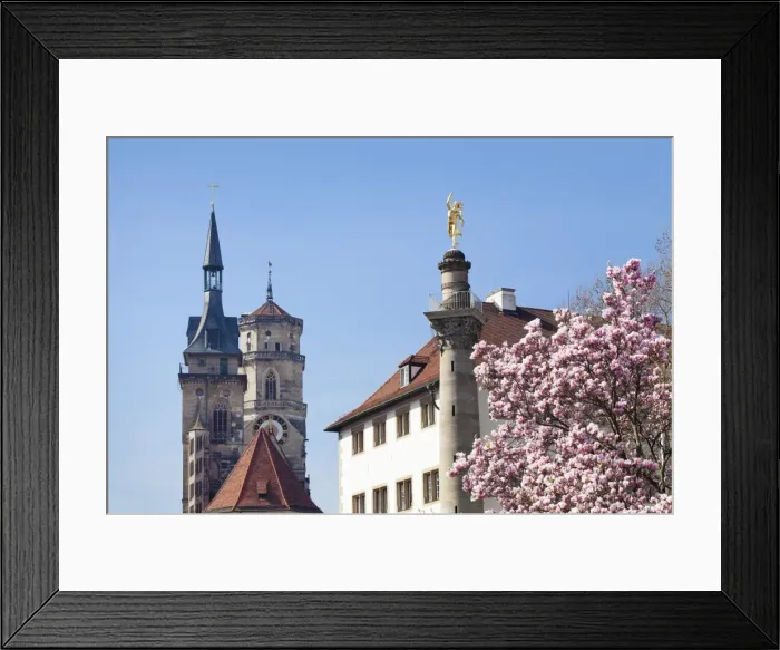 Framed Print : Magnolia tree and golden sculpture, Alte Kanzlei restaurant, with Stiftskirche church, Stuttgart, Baden Wurttemberg, Germany, Europe Framed Print : Magnolia tree and golden sculpture, Alte Kanzlei restaurant, with Stiftskirche church, Stuttgart, Baden Wurttemberg, Germany, Europe