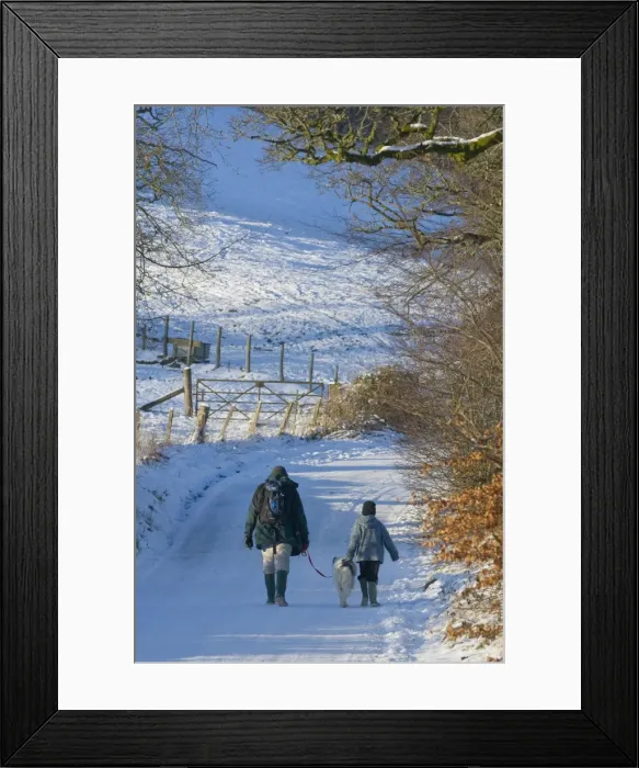 Framed Print : A man and boy with a dog walk along a snowy lane, Newbridge-on-Wye, Powys, Wales, United Kingdom, Europe Framed Print : A man and boy with a dog walk along a snowy lane, Newbridge-on-Wye, Powys, Wales, United Kingdom, Europe