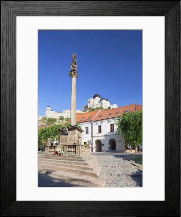 Framed Print : Monument in Mierove Square and Trencin Castle, Trencin, Trencin Region, Slovakia, Europe Framed Print : Monument in Mierove Square and Trencin Castle, Trencin, Trencin Region, Slovakia, Europe