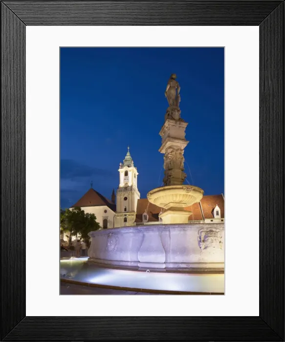 Framed Print : Old Town Hall and Rolands Fountain in Hlavne Nam (Main Square) at dusk, Bratislava, Slovakia, Europe Framed Print : Old Town Hall and Rolands Fountain in Hlavne Nam (Main Square) at dusk, Bratislava, Slovakia, Europe