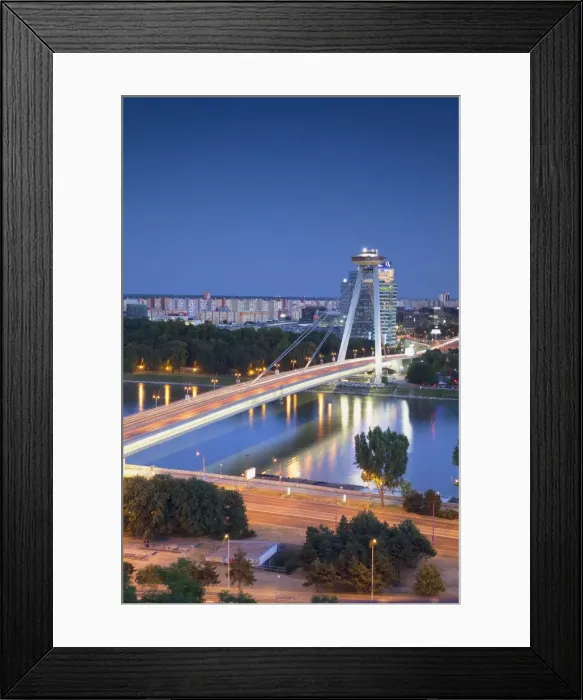 Framed Print : View of New Bridge over the River Danube at dusk, Bratislava, Slovakia, Europe