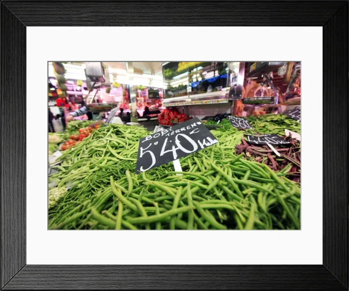 Framed Print : Vegetables on sale at the covered market in central Valencia, Spain, Europe