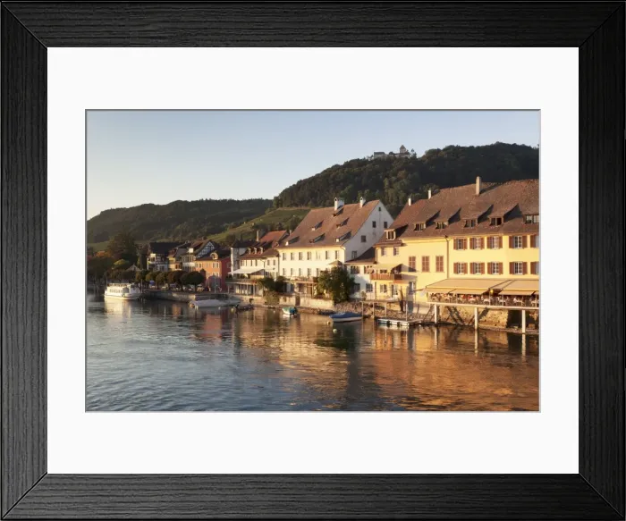 Framed Print : Old town along the Rhine promenade with Burg Hohenklingen castle at sunset, Stein am Rhein, Canton Schaffhausen, Switzerland, Europe Framed Print : Old town along the Rhine promenade with Burg Hohenklingen castle at sunset, Stein am Rhein, Canton Schaffhausen, Switzerland, Europe