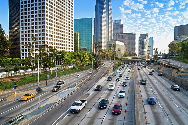 The 110 Harbour Freeway and Downtown Los Angeles skyline, California, United States of America, North America