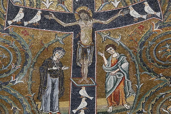 The 12th century fresco of Christs triumph on the cross in San Clemente basilica