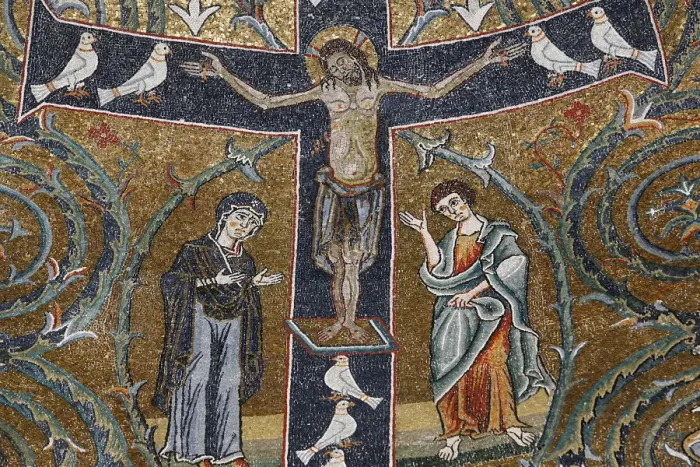 Framed Print : The 12th century fresco of Christs triumph on the cross in San Clemente basilica Framed Print : The 12th century fresco of Christs triumph on the cross in San Clemente basilica