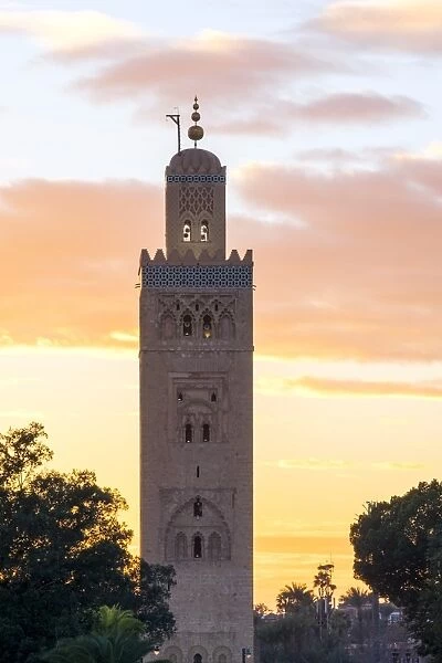 The 12th century minaret of Koutoubia Mosque at sunset, UNESCO World Heritage Site