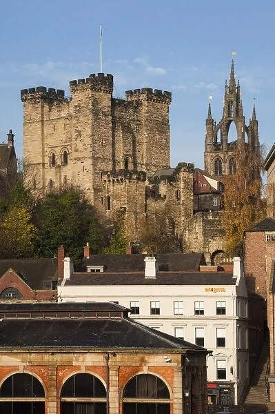 The 12th century Norman Castle Keep, and the Lantern of the Cathedral Church of St. Nicholas, Newcastle upon Tyne, Tyne and Wear, England, United Kingdom, Europe