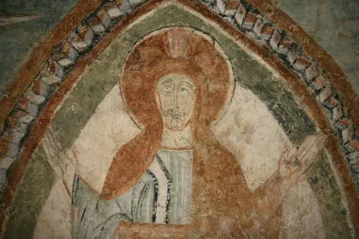 Framed Print : A 12th century Romanesque fresco depicting Jesus Christ, St Framed Print : A 12th century Romanesque fresco depicting Jesus Christ, St