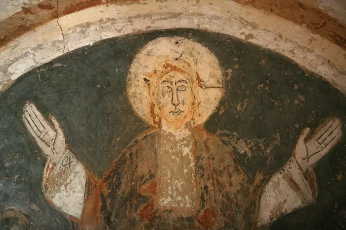Framed Print : A 12th century Romanesque fresco depicting Jesus Christ in St Framed Print : A 12th century Romanesque fresco depicting Jesus Christ in St