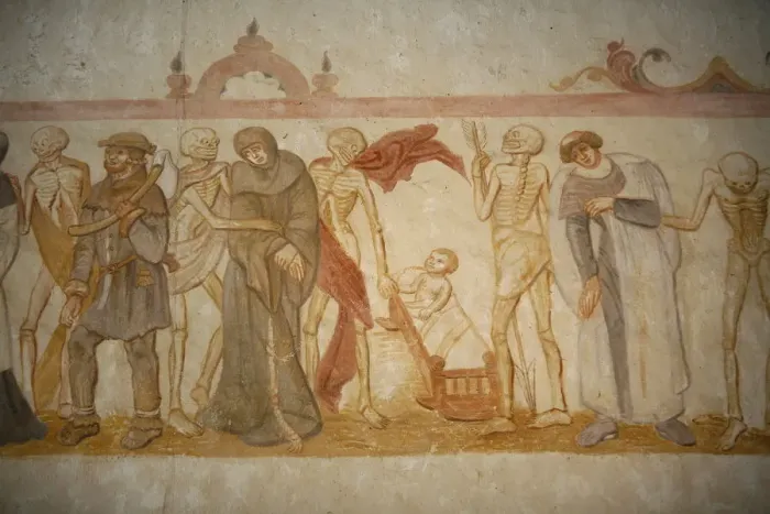Framed Print : A 15th century fresco depicting a death dance, La Ferte-Loupiere, Yonne, France, Europe Framed Print : A 15th century fresco depicting a death dance, La Ferte-Loupiere, Yonne, France, Europe