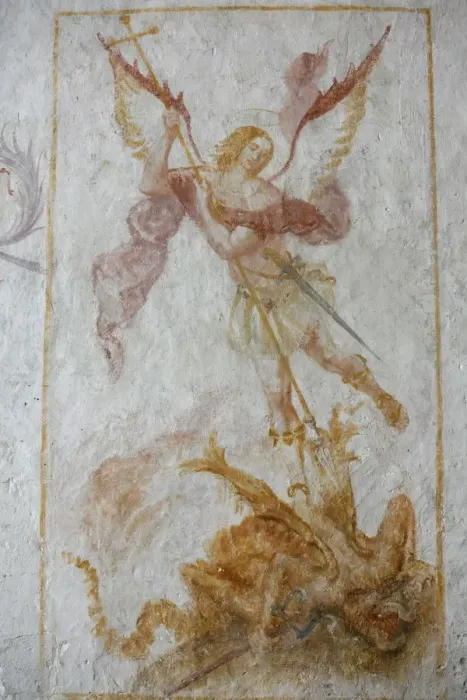 Framed Print : A 15th century fresco depicting St. Michael slaying a dragon, La Ferte Loupiere, Yonne Framed Print : A 15th century fresco depicting St. Michael slaying a dragon, La Ferte Loupiere, Yonne