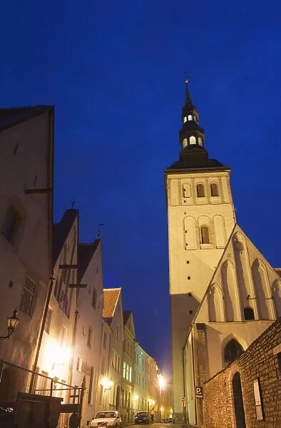 The 15th century Niguliste church lit up at night, Old Town, UNESCO World Heritage Site