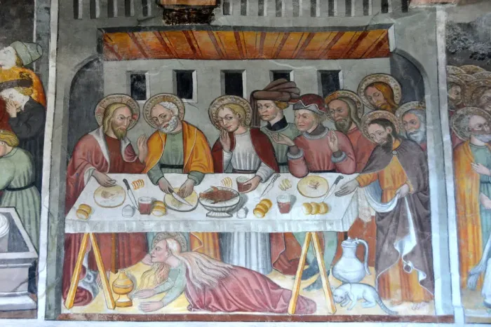 Framed Print : A 16th century painting depicting a meal at Lazaruss house, St Framed Print : A 16th century painting depicting a meal at Lazaruss house, St