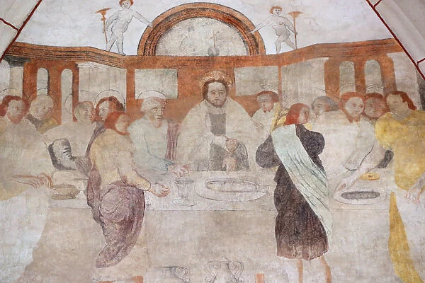 A 16th century wall painting of Christ in his Passion, the Last Supper shared by Jesus